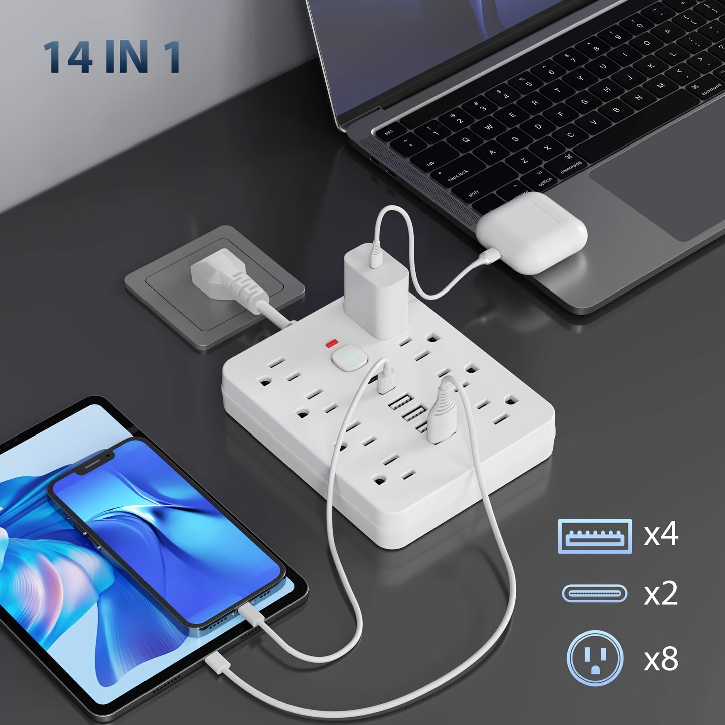 PrimeMarket™ PowerMax 14-In-1 Wall Outlet Extender with USB Ports & Smart Switch – Surge Protected Power Strip