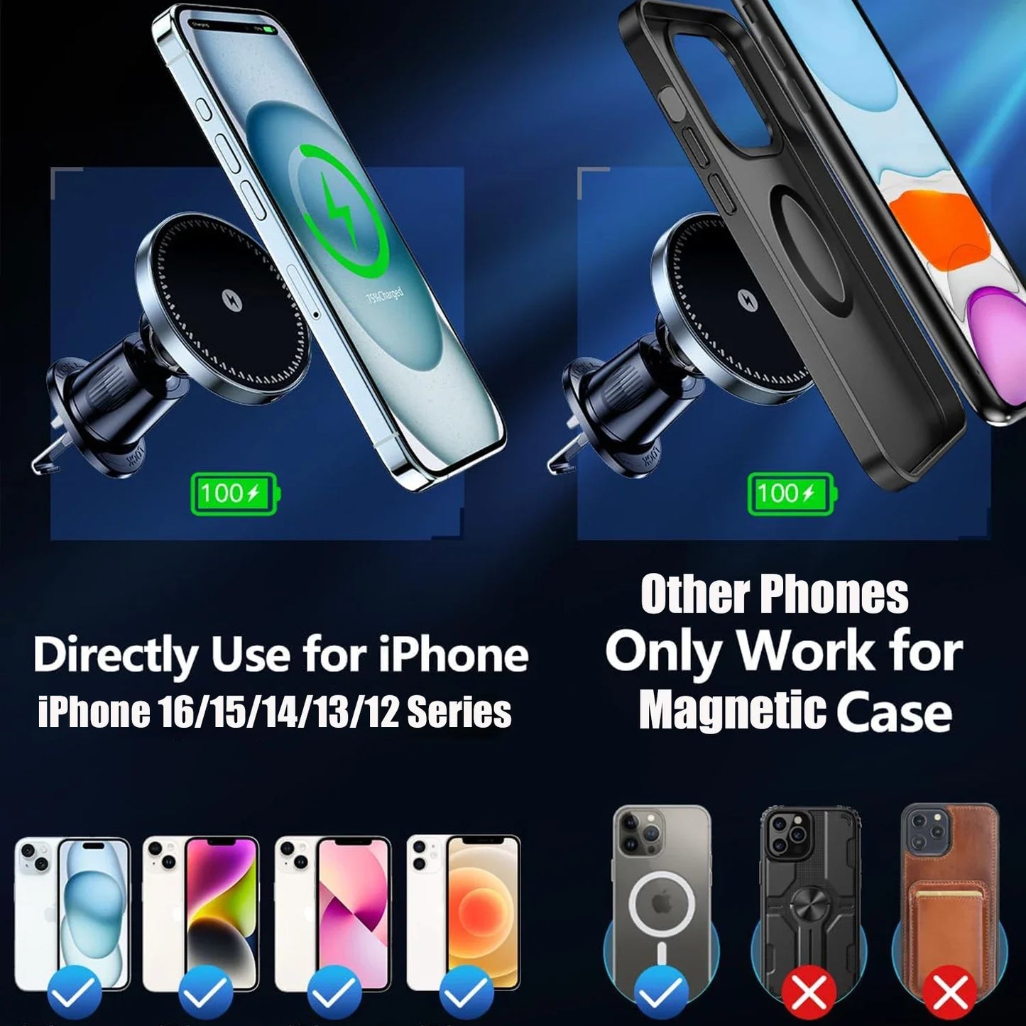 Magnetic Wireless Car Charger Mount 15W – Compatible with iPhone 12 / 13 / 14 / 15 / 16 Series – Fast Charging Magnetic Phone Holder for Car Vent