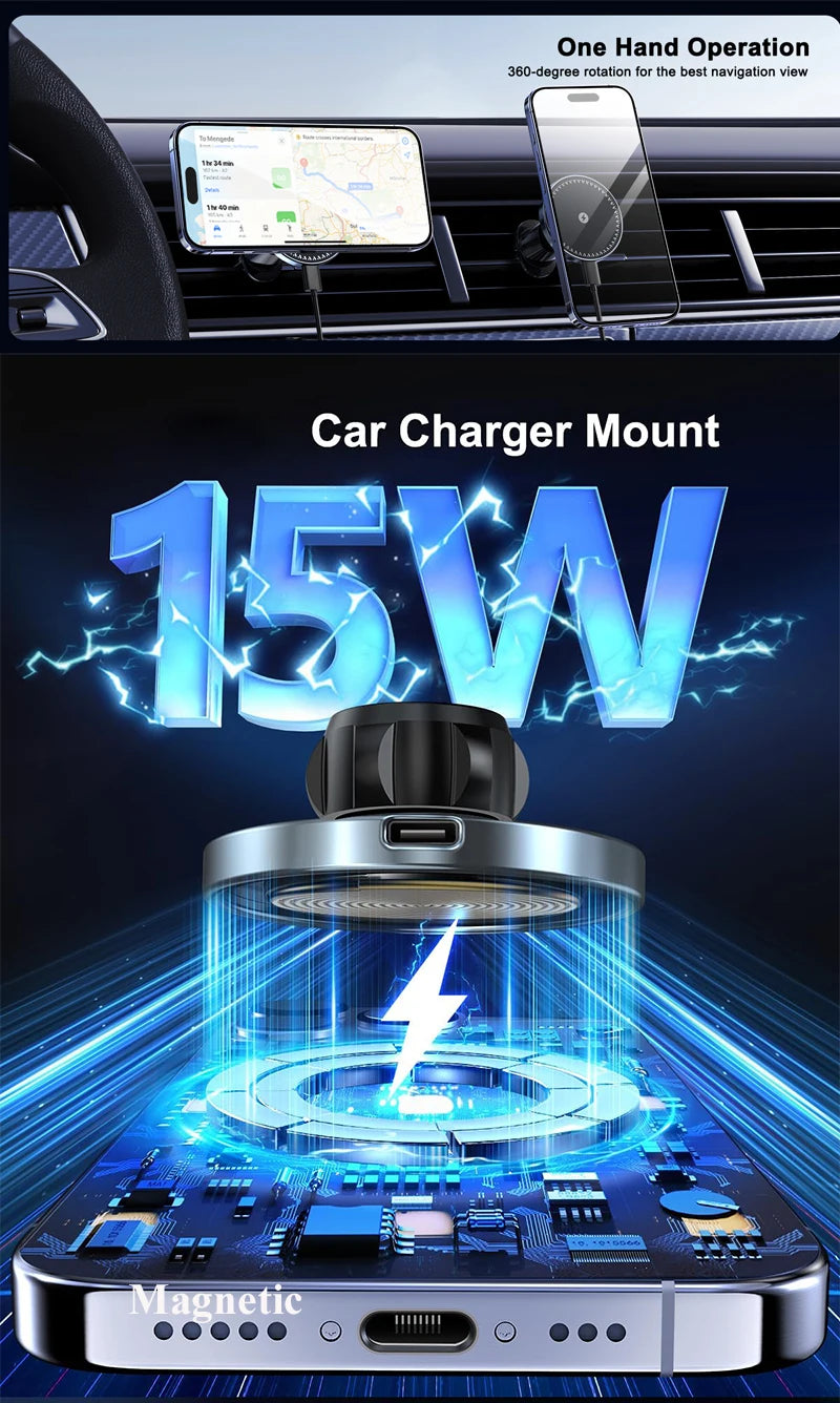 Magnetic Wireless Car Charger Mount 15W – Compatible with iPhone 12 / 13 / 14 / 15 / 16 Series – Fast Charging Magnetic Phone Holder for Car Vent
