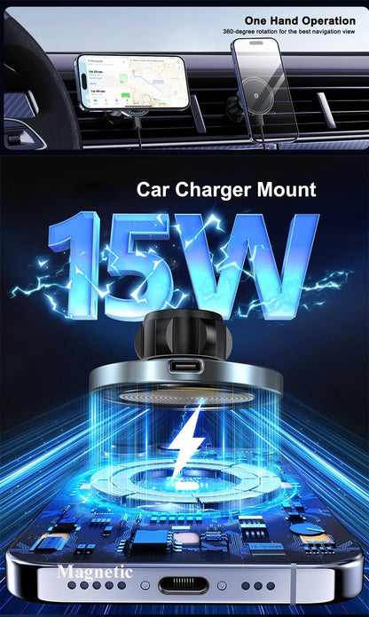Magnetic Wireless Car Charger Mount 15W – Compatible with iPhone 12 / 13 / 14 / 15 / 16 Series – Fast Charging Magnetic Phone Holder for Car Vent