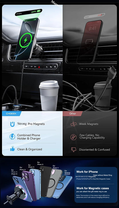 Magnetic Wireless Car Charger Mount 15W – Compatible with iPhone 12 / 13 / 14 / 15 / 16 Series – Fast Charging Magnetic Phone Holder for Car Vent