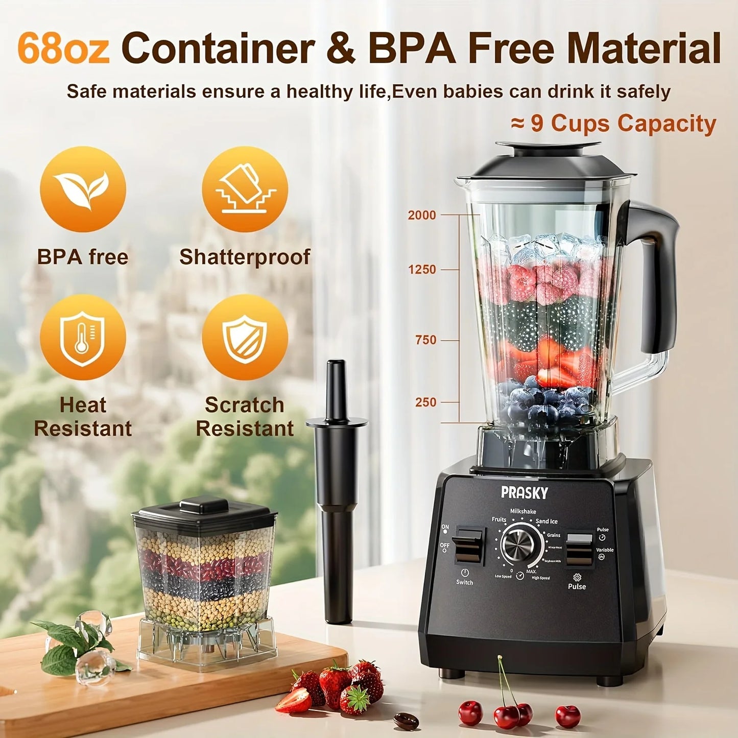 PrimeMarket ProBlend 2400W High-Performance Blender & Grinder Combo – 68oz BPA-Free Pitcher, 6-Blade Stainless Steel, Ice Crushing & Smoothie Power
