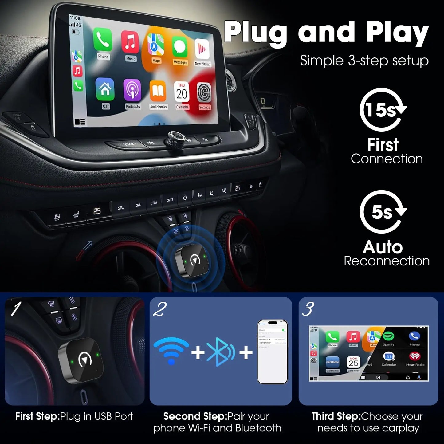 Wireless Carplay Adapter Plug and Play Wired to Wireless Carplay Dongle for iPhone iOS Auto Car Navigation