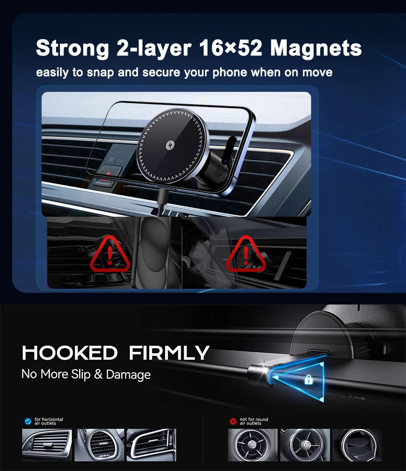 Magnetic Wireless Car Charger Mount 15W – Compatible with iPhone 12 / 13 / 14 / 15 / 16 Series – Fast Charging Magnetic Phone Holder for Car Vent