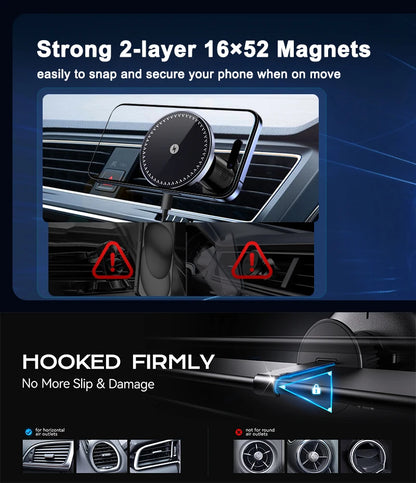 Magnetic Wireless Car Charger Mount 15W – Compatible with iPhone 12 / 13 / 14 / 15 / 16 Series – Fast Charging Magnetic Phone Holder for Car Vent