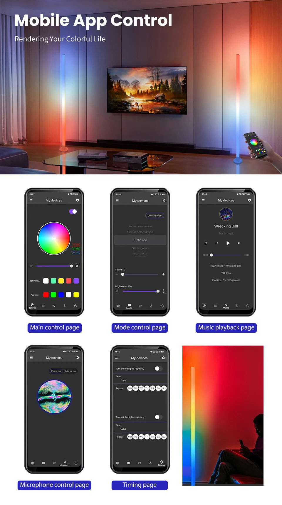 150cm Smart RGB LED Corner Floor Lamp – App & Remote Control Ambient Light for Bedroom, Gaming & Living Room