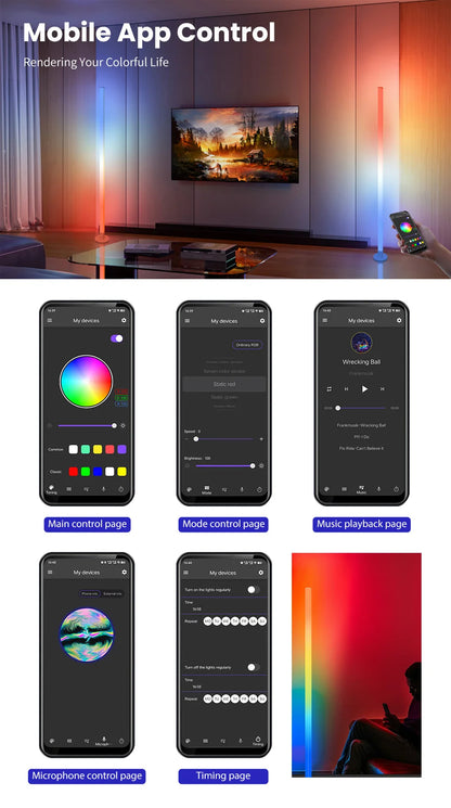 150cm Smart RGB LED Corner Floor Lamp – App & Remote Control Ambient Light for Bedroom, Gaming & Living Room