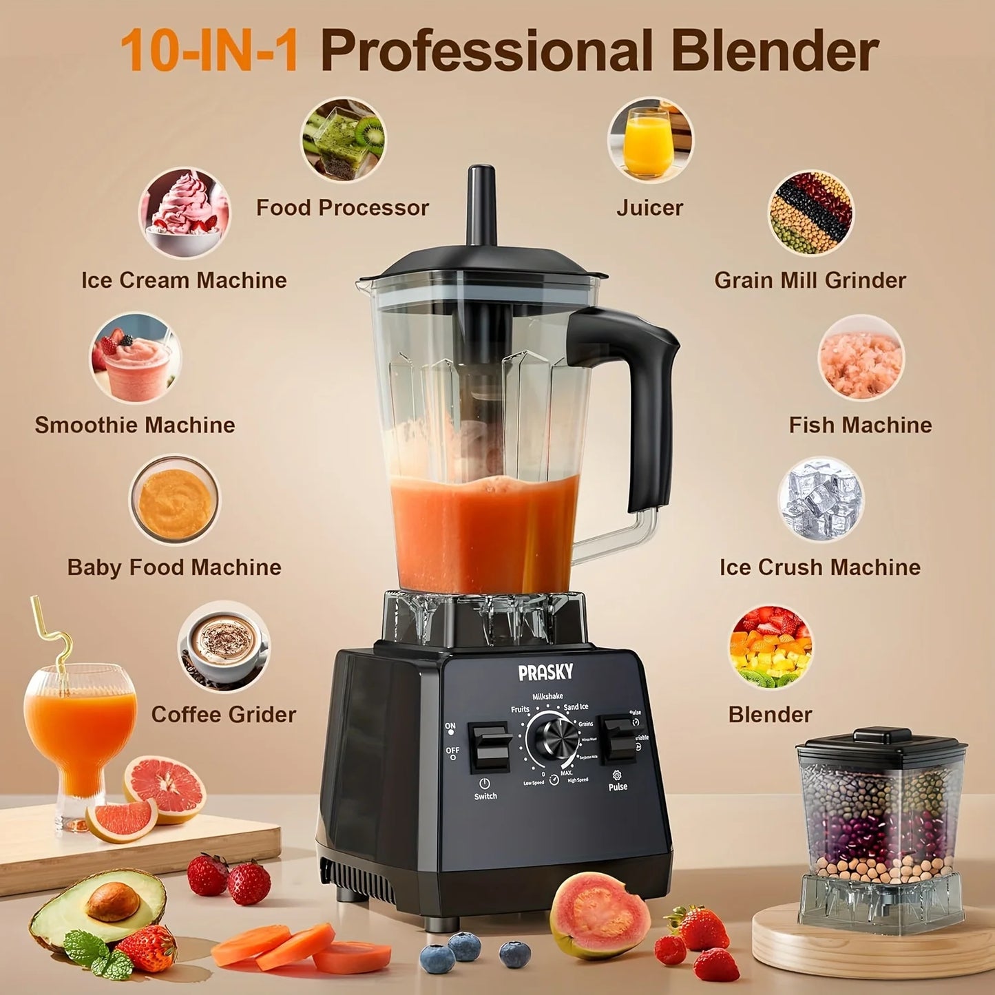 PrimeMarket ProBlend 2400W High-Performance Blender & Grinder Combo – 68oz BPA-Free Pitcher, 6-Blade Stainless Steel, Ice Crushing & Smoothie Power