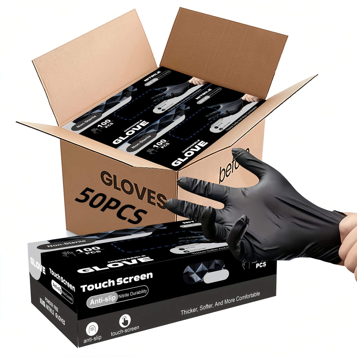 PrimeMarket™ ProShield Black Nitrile Disposable Gloves (50PCS) – Powder-Free, Heavy-Duty & Touchscreen Compatible