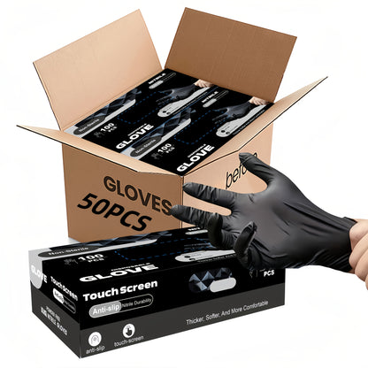 PrimeMarket™ ProShield Black Nitrile Disposable Gloves (50PCS) – Powder-Free, Heavy-Duty & Touchscreen Compatible