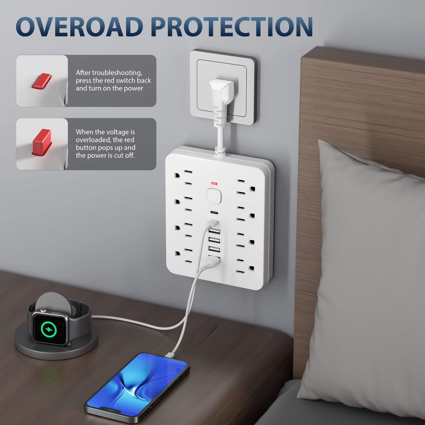 PrimeMarket™ PowerMax 14-In-1 Wall Outlet Extender with USB Ports & Smart Switch – Surge Protected Power Strip